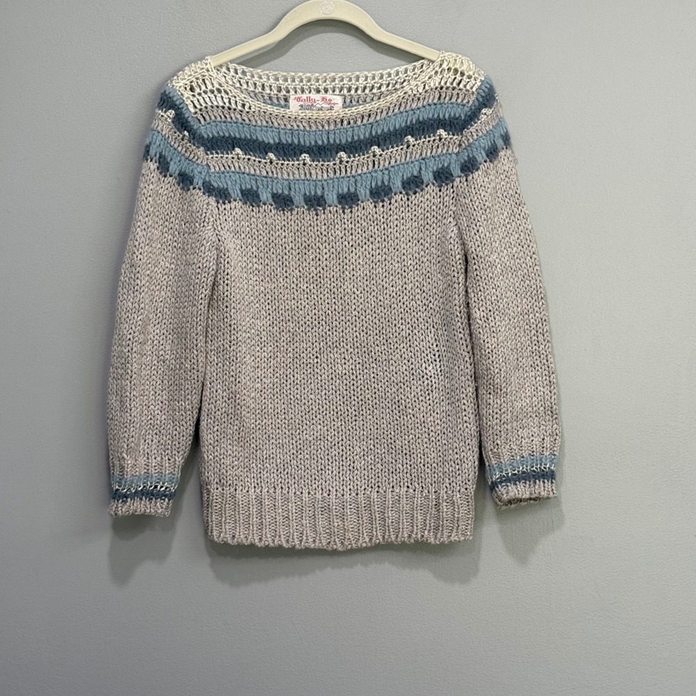 Vintage Tally-Ho Silk Blend Chunky Knit Sweater Blue Grey Fair Isle Small